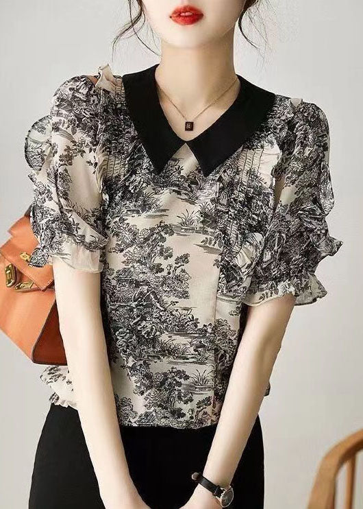 Fashion Black Peter Pan Collar Print Patchwork Chiffon Shirt Summer