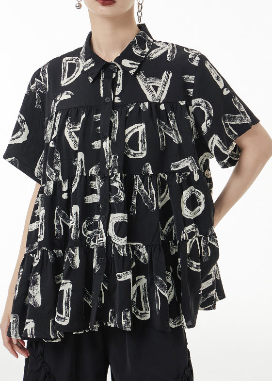 Fashion Black Print Wrinkled Patchwork Silk Shirt Short Sleeve