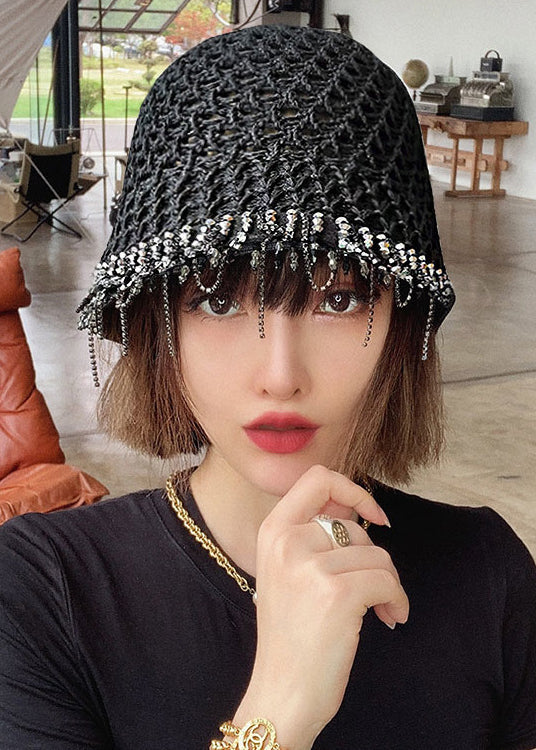 Fashion Black Tasseled Woven Bucket Hat