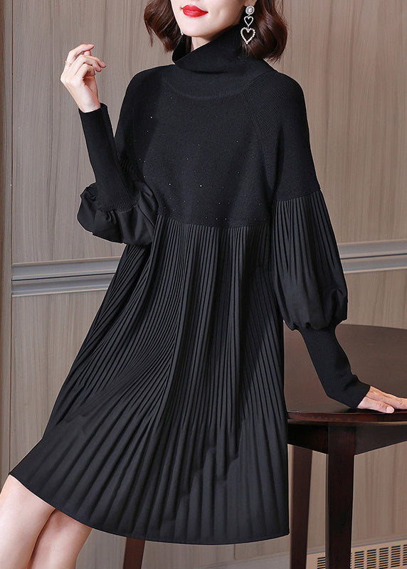 Fashion Black Turtleneck Patchwork Wrinkled Knit Dress Lantern Sleeve