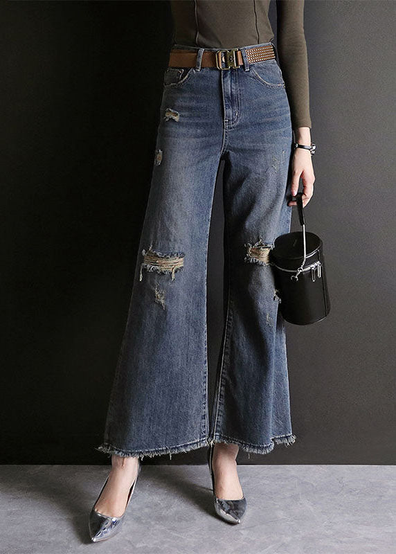 Fashion Blue High Waist Hole Pockets Cotton Denim Flare Pants Summer