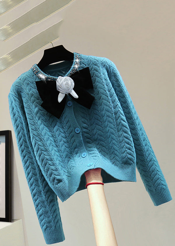 Fashion Blue O-Neck Zippered Bow Thick Cable Cotton Knit Sweaters Winter