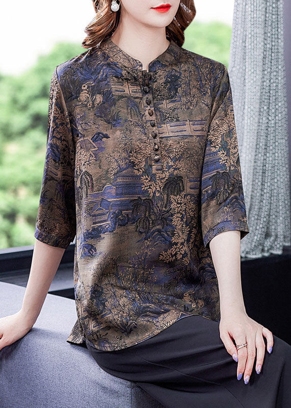 Fashion Blue Patchwork Print Button Silk Blouse Tops Summer