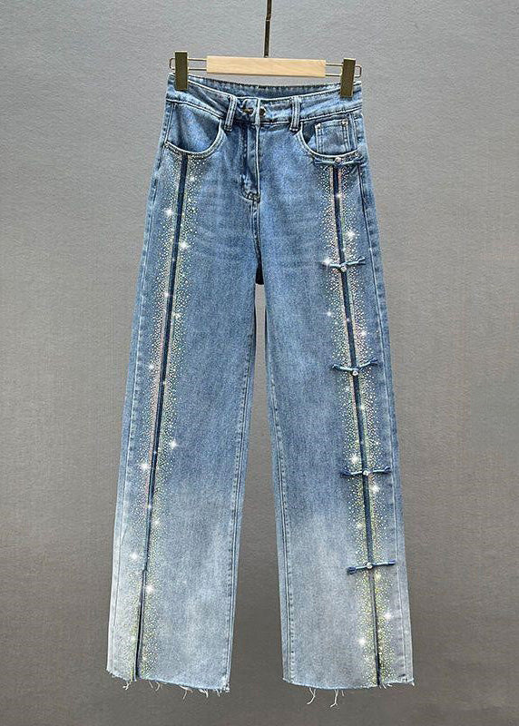 Fashion Blue Patchwork Zircon High Waist Wide Leg Jeans