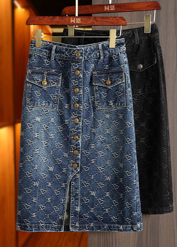 Fashion Blue Print Patchwork High Waist Denim A Line Skirt Summer