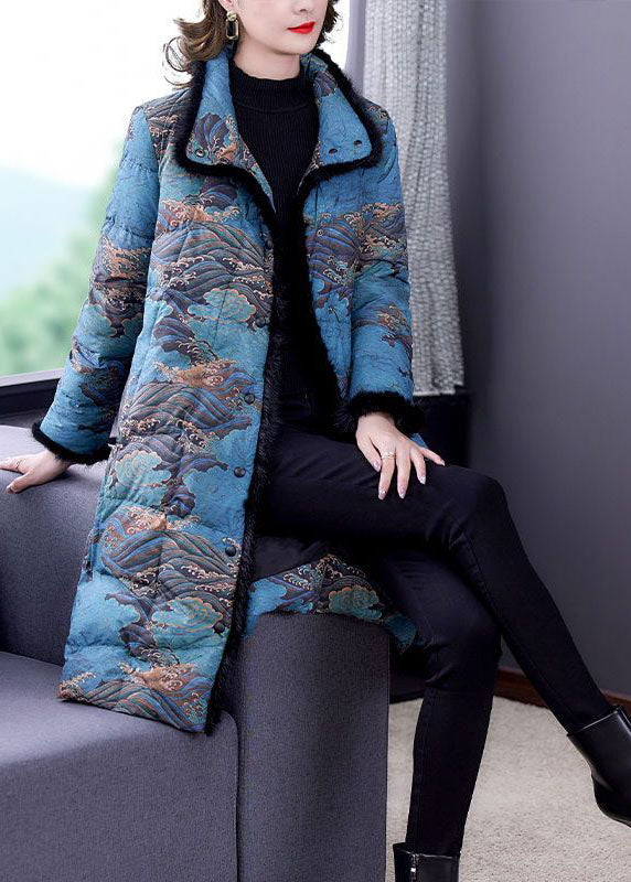 Fashion Blue Faux Fur Collar Print Fine Cotton Filled Puffer Coats Winter