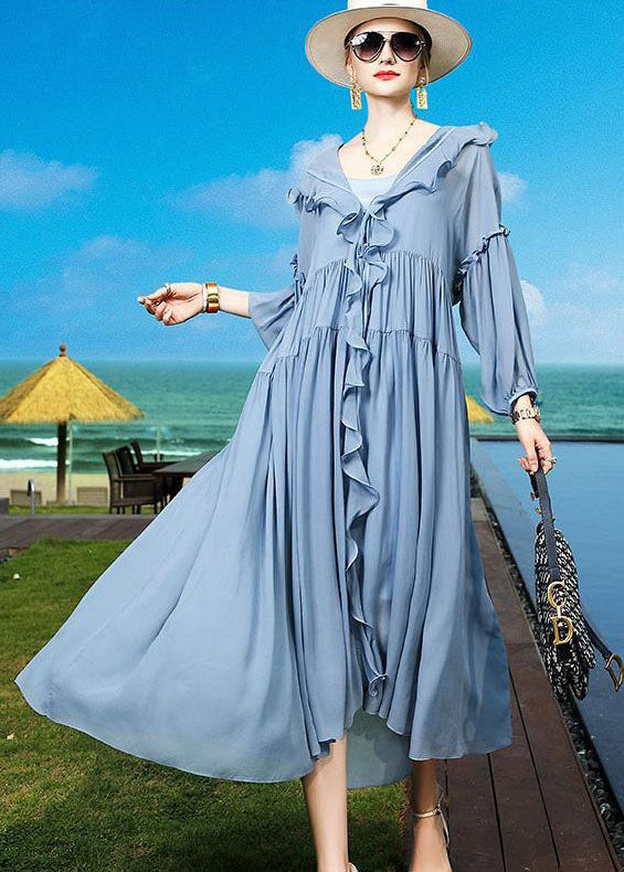 Fashion Blue Ruffled Asymmetrical Patchwork Silk Vacation Dresses Summer