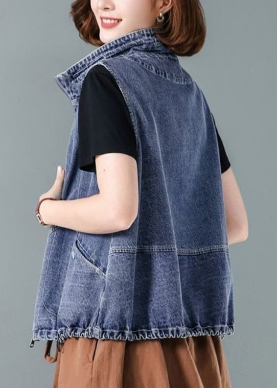 Fashion Blue Stand Collar Zippered Patchwork Denim Waistcoat Fall