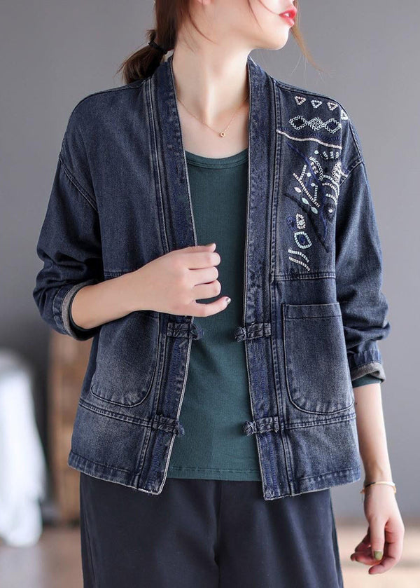 Fashion Blue V Neck Embroidered Patchwork Button Pockets Cotton Denim Coat Long Sleeve