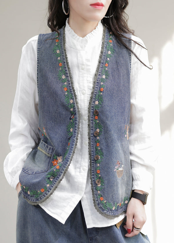 Fashion Blue V Neck Embroidered Patchwork Denim Waistcoat Sleeveless