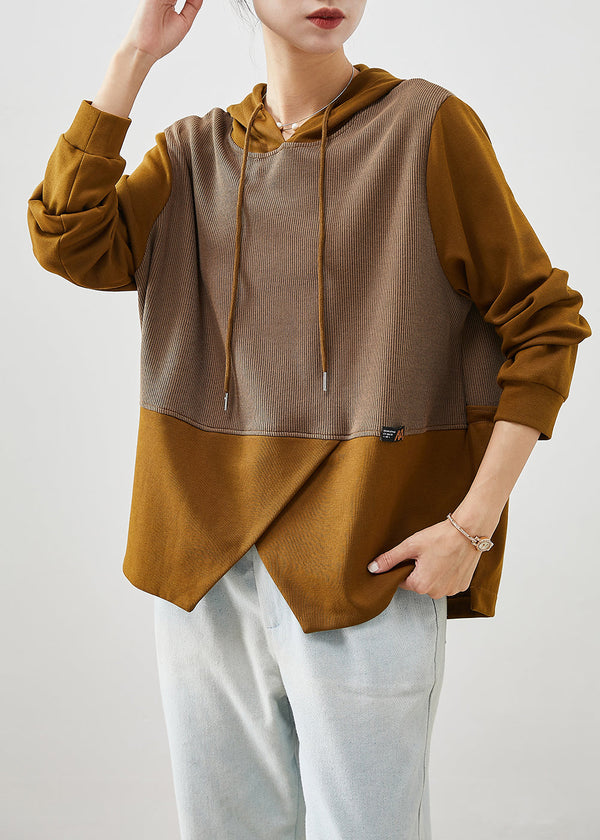 Fashion Brown Asymmetrical Patchwork Cotton Sweatshirts Top Fall