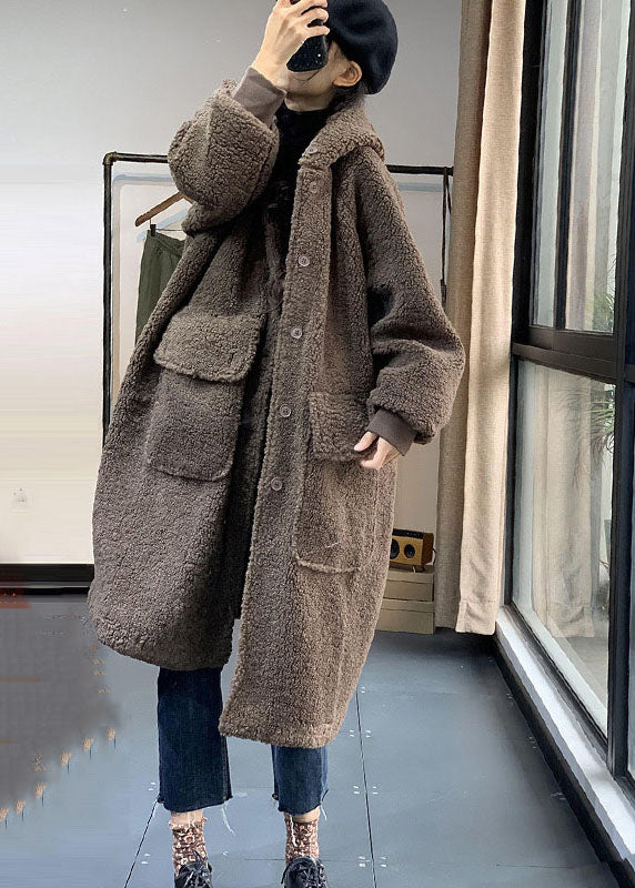 Fashion Chocolate Hooded Oversized Teddy Faux Fur Long Coats Winter