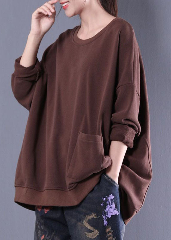 Fashion Chocolate Oversized Pocket Solid Contton Sweatshirt Tops Winter