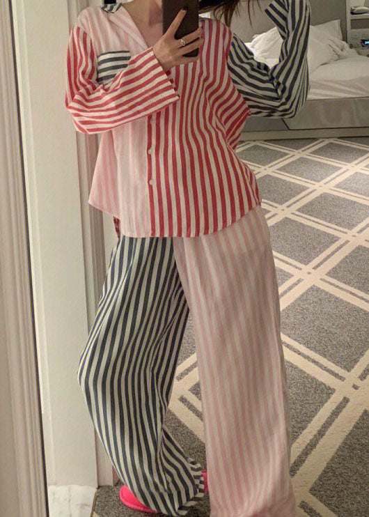 Fashion Colorblock Striped Patchwork Cotton Pajamas Two Piece Set Spring