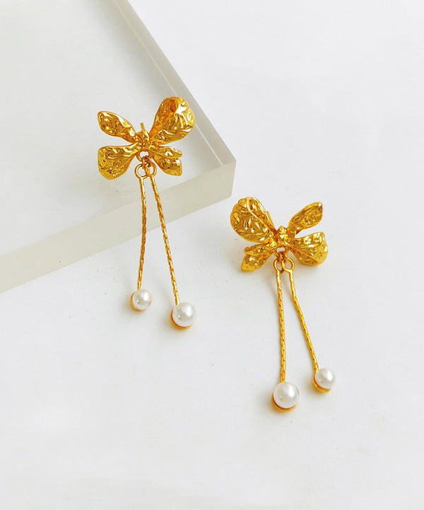 Fashion Gold Copper Pearl Bow Tassel Drop Earrings