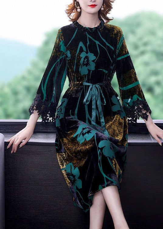 Fashion Green Cinched Jacquard Silk Velour Long Dress Spring