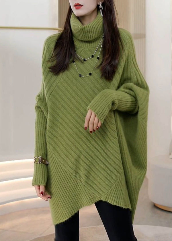 Fashion Green Hign Neck Asymmetrical Patchwork Knit Pullover Batwing Sleeve