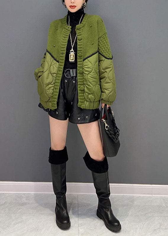 Fashion Green O Neck Knit Patchwork Cotton Filled Jackets Winter