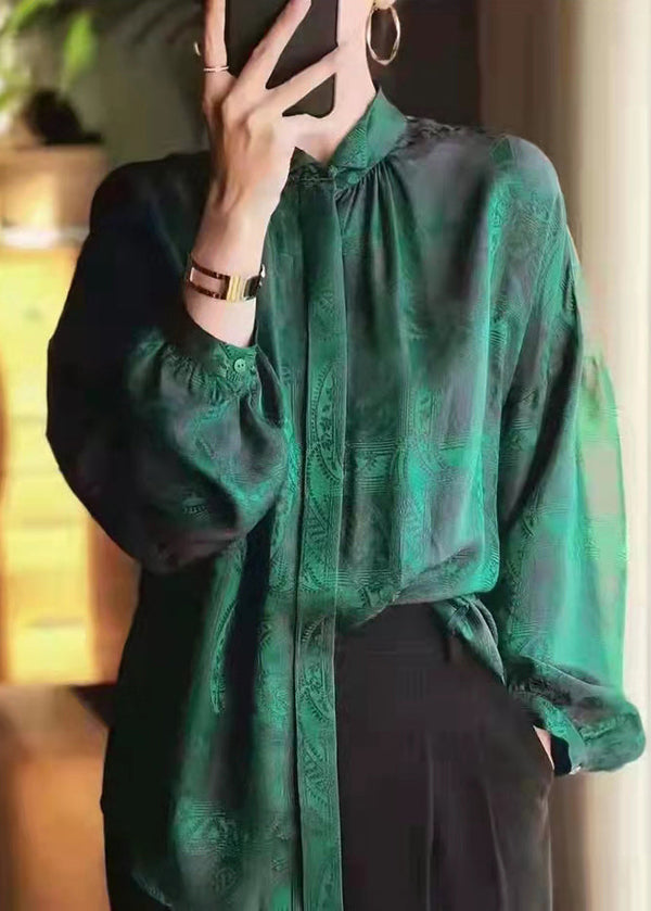 Fashion Green Stand Collar Button Jacquard Silk Blouse Tops Long Sleeve