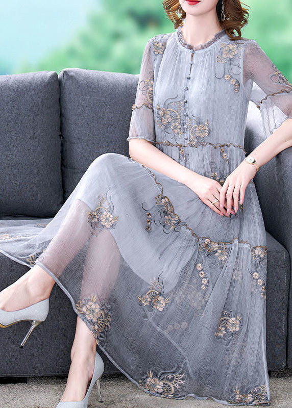 Fashion Grey Embroidered Ruffled Exra Large Hem Silk Holiday Dress Summer