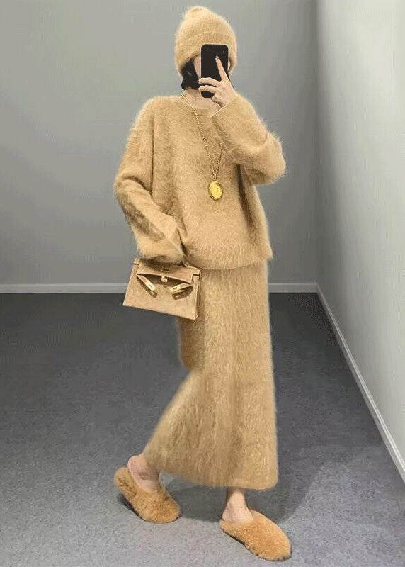 Fashion Khaki O Neck Woolen Two Piece Set Outfits Winter