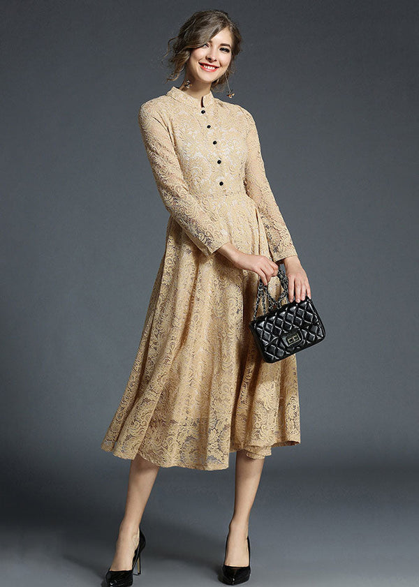 Fashion Khaki Stand Collar Hollow Out Embroidered Lace Dresses Long Sleeve