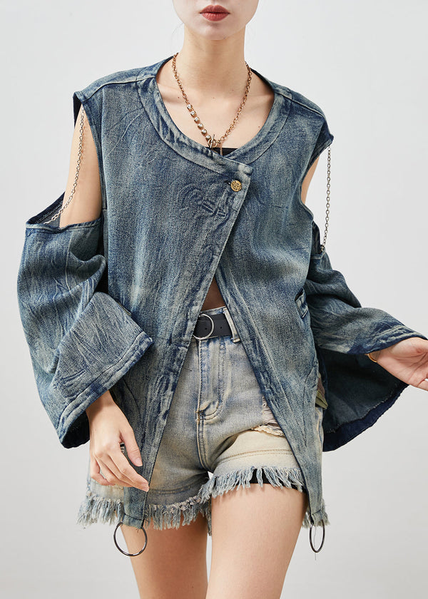 Fashion Navy Asymmetrical Cold Shoulder Denim Jacket Spring