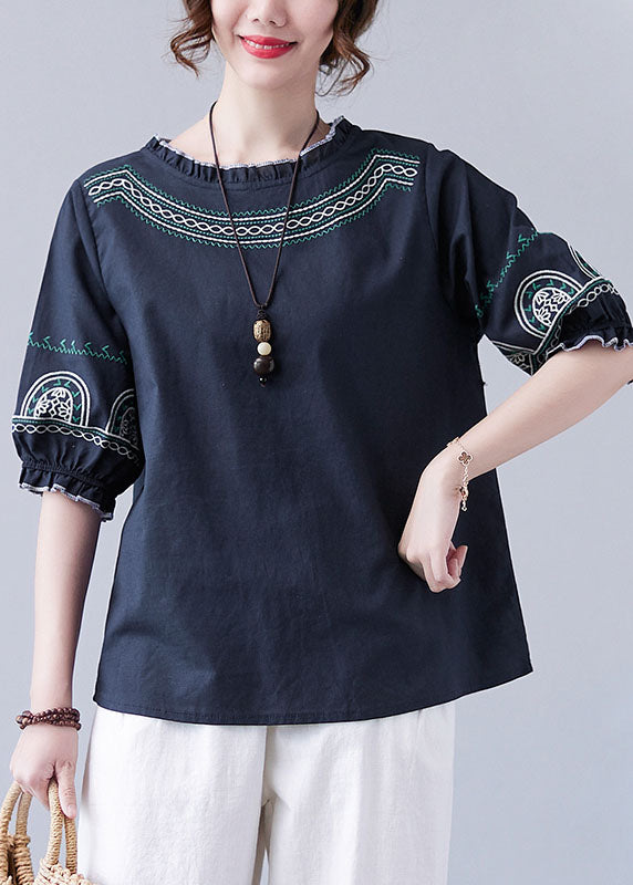 Fashion Navy Original Design Ruffled Embroidered Cotton Top Lantern Sleeve