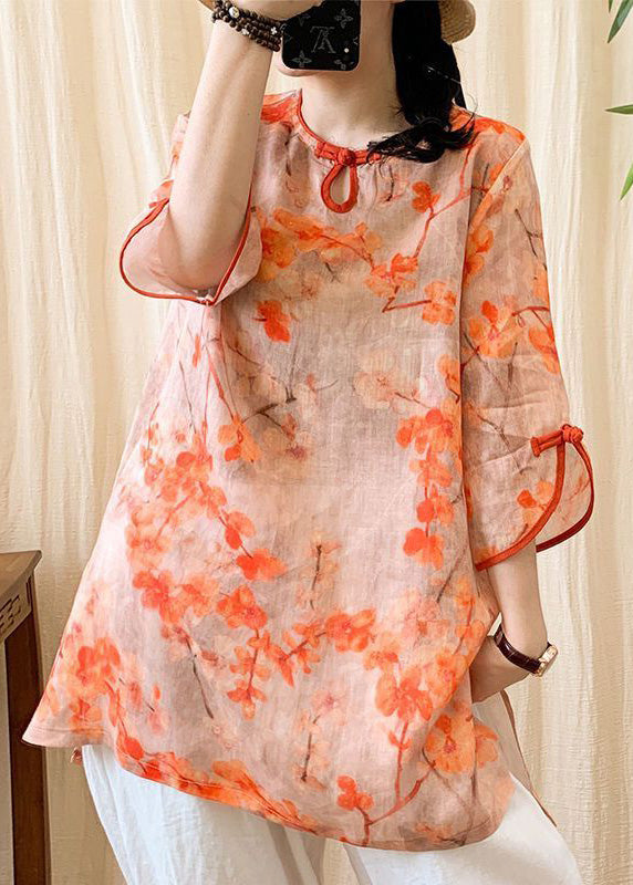 Fashion Orange O-Neck Print Button Side Open Linen Shirt Half Sleeve