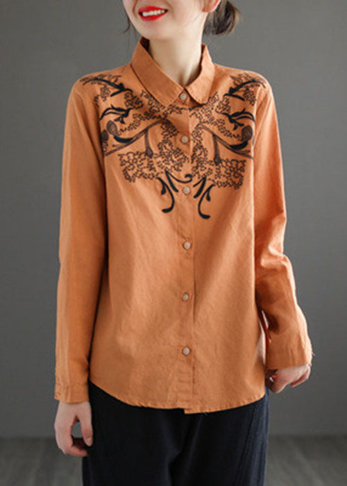 Fashion Orange Turn-down Collar Embroidered Cotton Shirt Top Long Sleeve