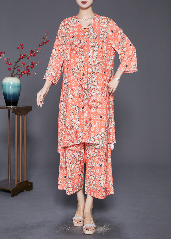 Fashion Orange V Neck Pring Cotton Two Piece Suit Set Fall