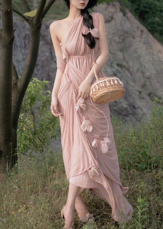 Fashion Pink Asymmetrical Patchwork Floral Elastic Waist Maxi Dress Summer