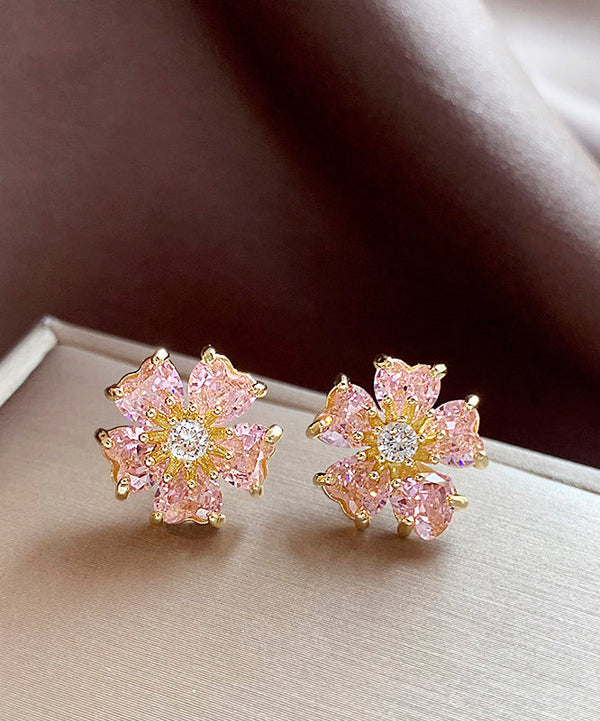 Fashion Pink Copper Alloy Zircon Floral Stud Earrings