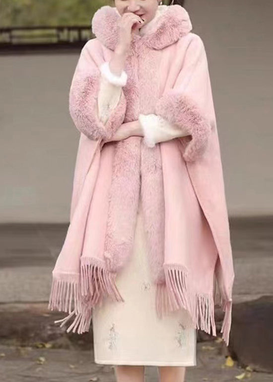 Fashion Pink Fur Collar Tassel Hooded Woolen Coat Fall