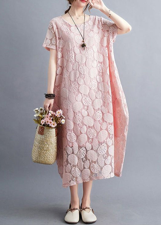 Fashion Pink O-Neck Embroidered Lace Dress Summer