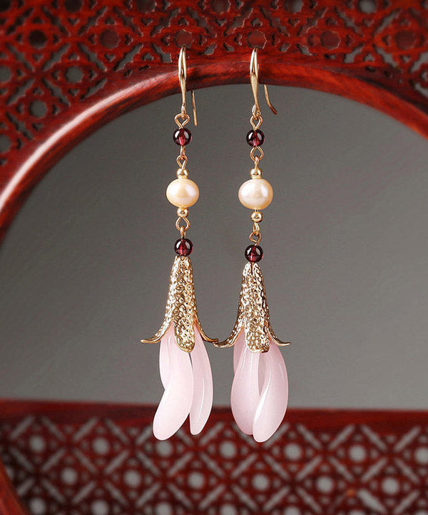 Fashion Pink Sterling Silver Peatl Coloured Glazes Floral Drop Earrings