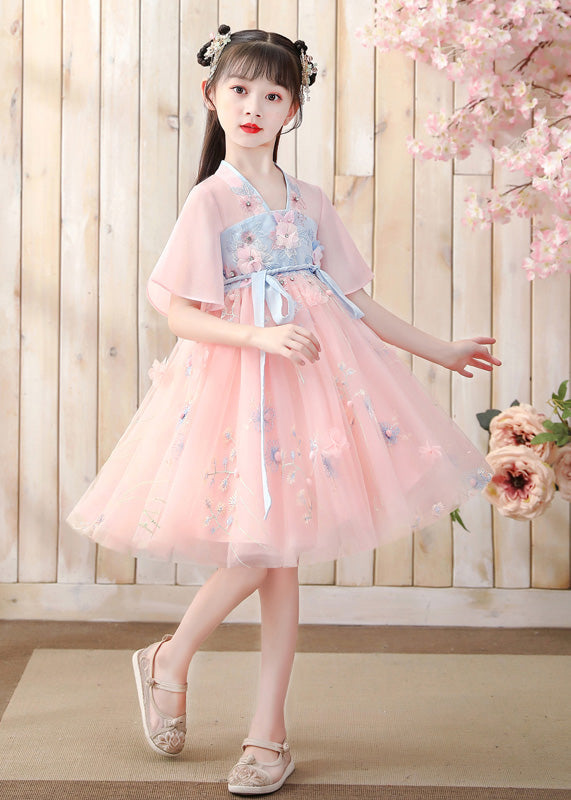 Fashion Pink V Neck Embroidered Layered Tulle Kids Mid Dress Short Sleeve