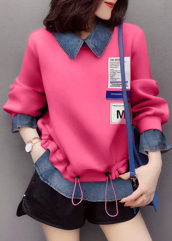 Fashion Pink drawstring Peter Pan Collar denim Patchwork Sweatshirts Top Spring