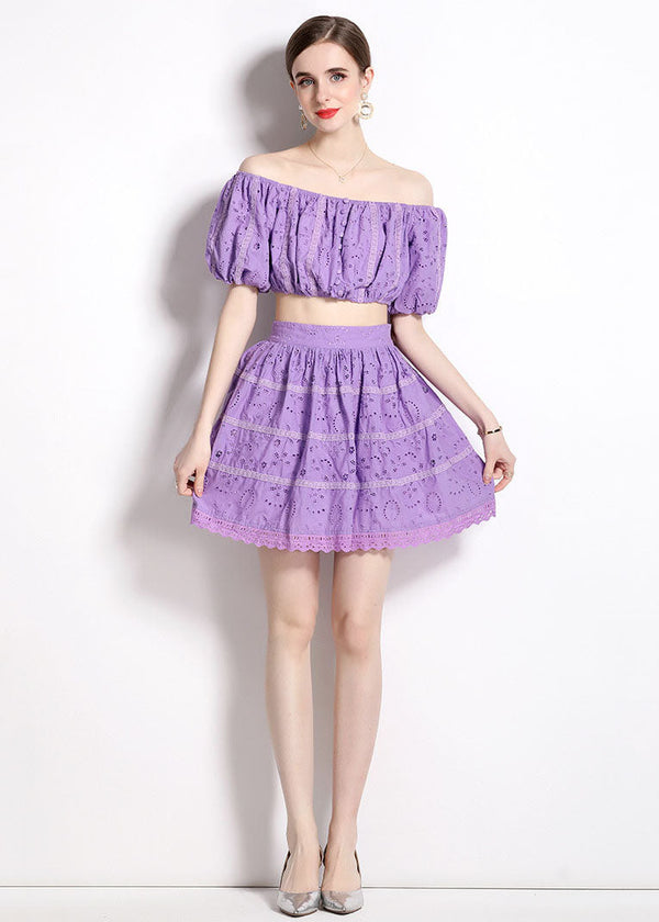 Fashion Purple Hollow Out Wrinkled Patchwork Cotton 2 Piece Outfit Summer