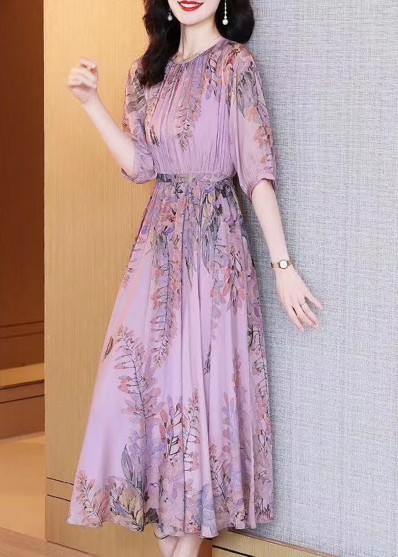 Fashion Purple O-Neck Print Chiffon Maxi Dresses Summer