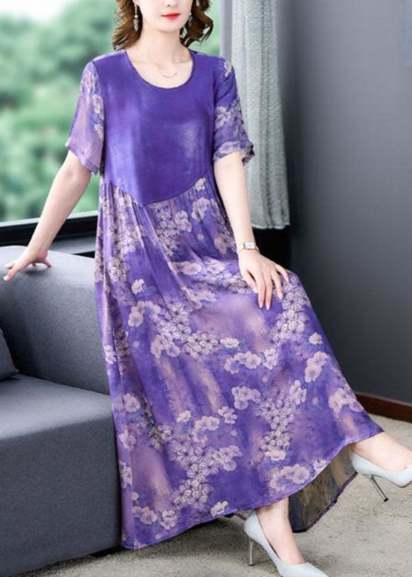 Fashion Purple O Neck Print Wrinkled Patchwork Silk Dress Summer