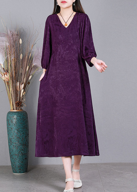 Fashion Purple V Neck Jacquard Patchwork Wrinkled Silk Dresses Bracelet Sleeve