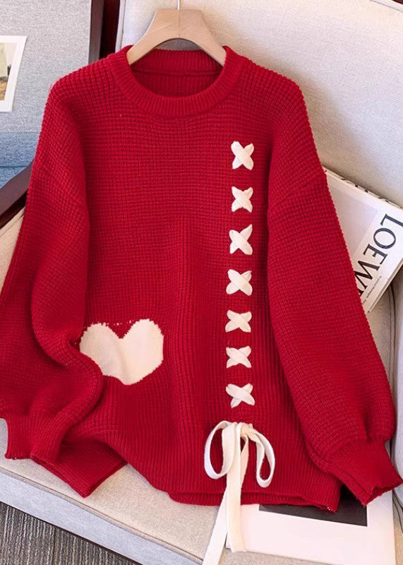 Fashion Red O-Neck Lace Up Knit Sweater Tops Winter