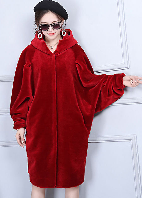 Fashion Red Oversized Wrinkled Cashmere Jackets Batwing Sleeve