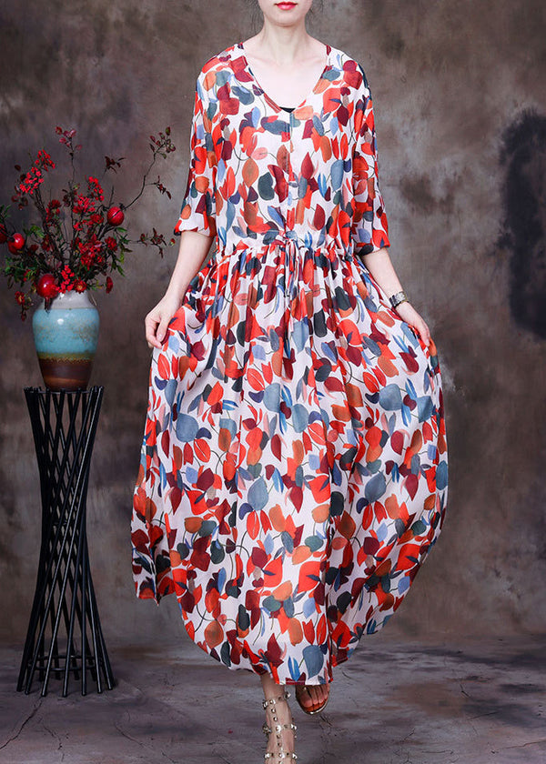 Fashion Red V Neck Print Tie Waist Chiffon Maxi Dresses Half Sleeve