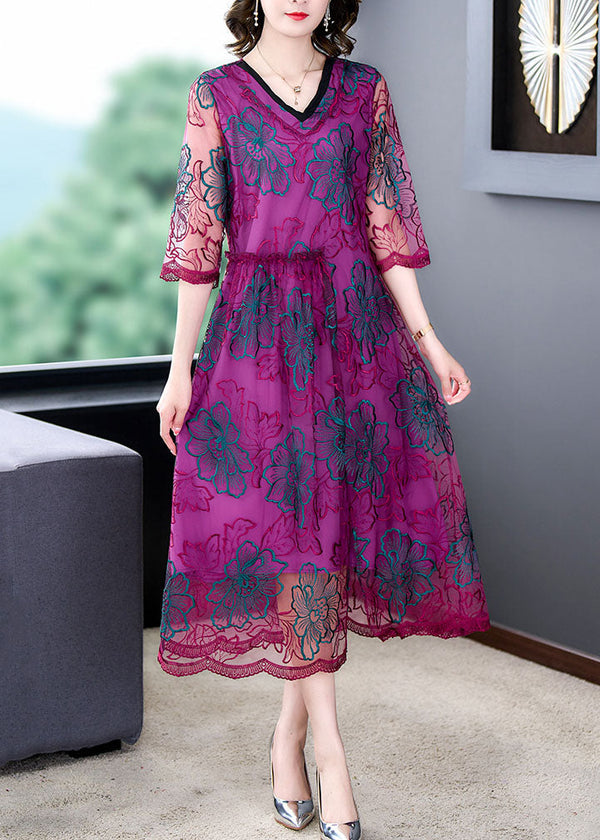 Fashion Rose V Neck Embroidered Patchwork Silk Dresses Summer