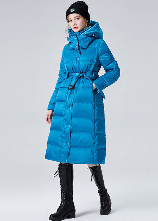 Fashion Sky Blue Hooded Sashes Lengthen Duck Down Down Coat Winter