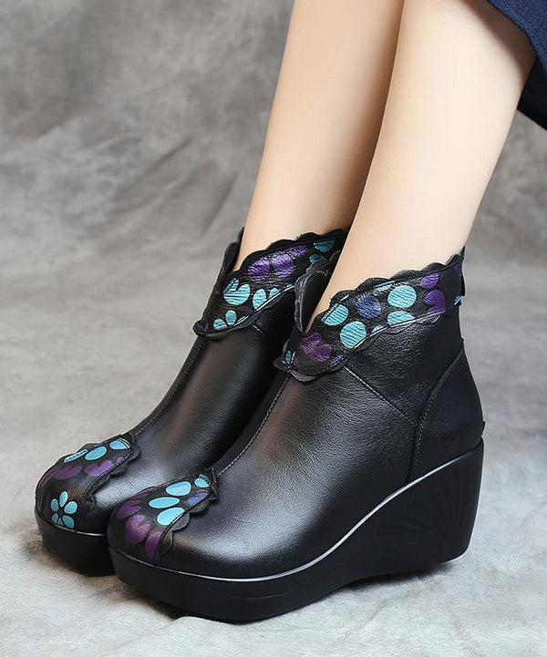 Fashion Splicing Wedge Boots Blue Floral Cowhide Leather