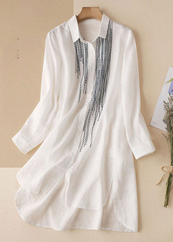 Fashion White Embroidered Low High Design Cotton Linen Long Shirt Top Long Sleeve