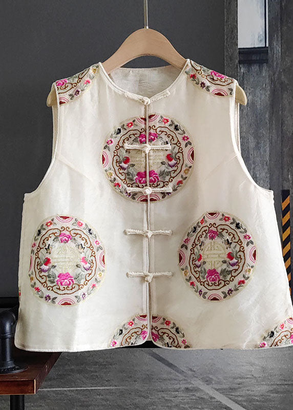 Fashion White Embroidered Patchwork Silk Vest Sleeveless